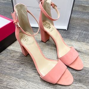 VINCE CAMUTO Corlina Flamingo Blush Pink Suede Open Toe Heel Ankle Buckle